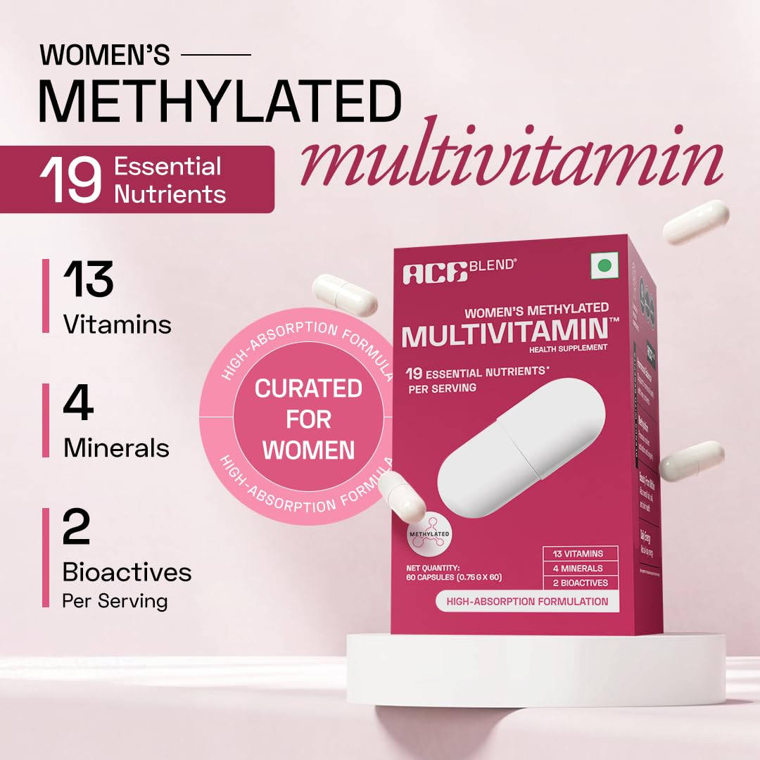 Ace Blend Multivitamin Capsules for Women | Pack of 60 | With Iron & Methylated Multivitamin | 19 Essential Nutrients with Quatrefolic, MenaQ7 K2 & Vitashine D3 | Supports Hormonal Balance & Immunity