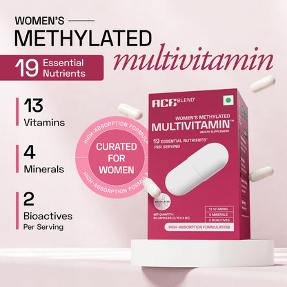 Ace Blend Multivitamin Capsules for Women | Pack of 60 | With Iron & Methylated Multivitamin | 19 Essential Nutrients with Quatrefolic, MenaQ7 K2 & Vitashine D3 | Supports Hormonal Balance & Immunity