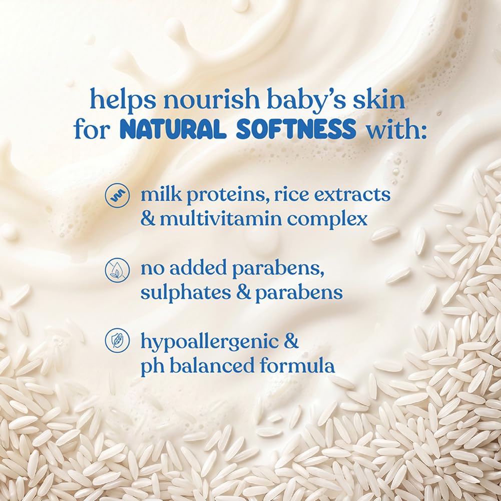 Johnson's Baby Milk & Rice Wash & Shampoo 200ml | 2-in-1 Baby Cleanser | No More Tears | With Milk Protein, Rice Extracts & Multivitamins | Hypoallergenic, pH Balanced | No Parabens, Sulphates or Dyes
