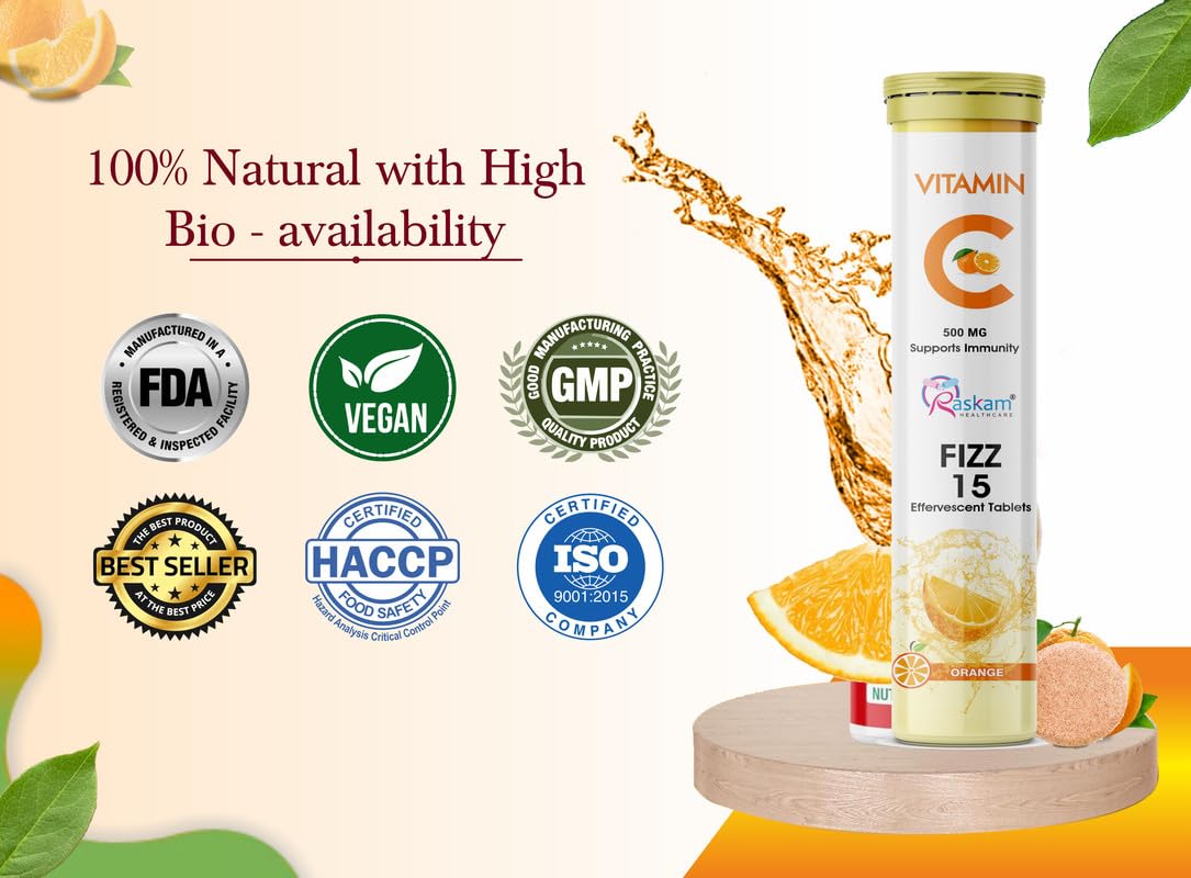 Vitamin C supplement with certification logos and orange slices on a light background