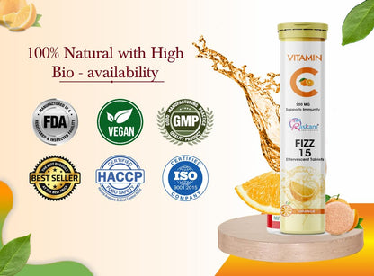 Vitamin C supplement with certification logos and orange slices on a light background