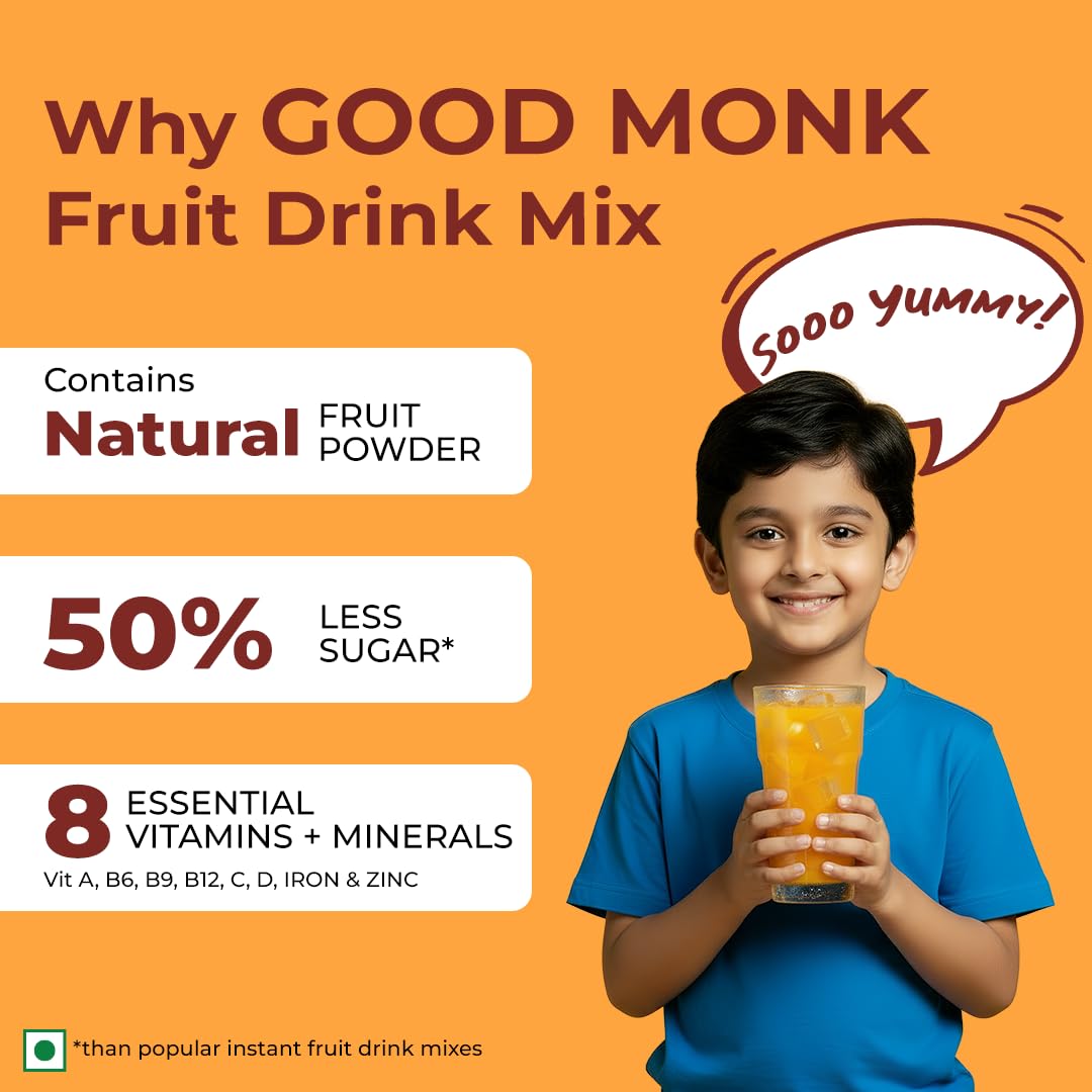 Good Monk Fruit Drink Mix (Natural Orange Powder), 50% Less Sugar with 8 Vitamins & Minerals (Vitamin B12, C, D, Iron & more) | Tasty, Healthy & Tangy Drink Mix for Hydration, Energy, Immunity, 10 Serves