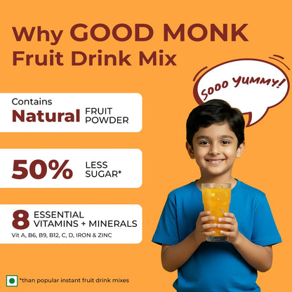 Good Monk Fruit Drink Mix (Natural Orange Powder), 50% Less Sugar with 8 Vitamins & Minerals (Vitamin B12, C, D, Iron & more) | Tasty, Healthy & Tangy Drink Mix for Hydration, Energy, Immunity, 10 Serves
