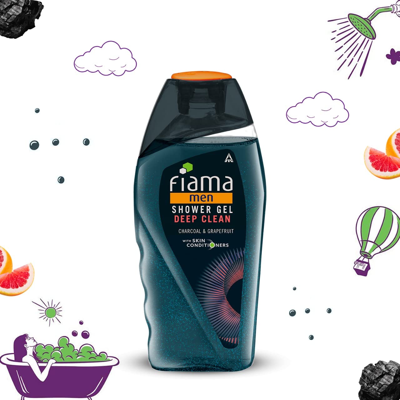 Fiama Men Body Wash Shower Gel Deep Clean, 250ml, Body Wash for Men with Skin Conditioners and Goodness of Charcoal & Grapefruit for Bright and Fresh Skin