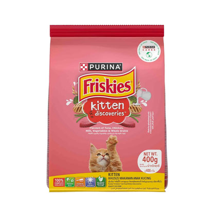 Purina Friskies Kitten Discoveries, Dry Food for Kitten, 400g Pack | With Tuna, Chicken, Milk, Vegetables & Whole Grain Flavours, 100% Complete & Balanced Kitten Nutrition, DHA, Calcium, Protein