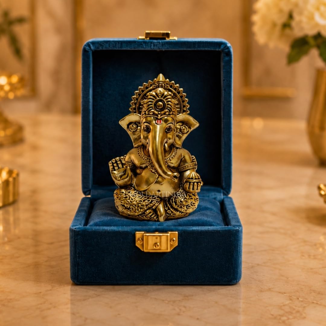 Gold Art India Lord Ganesha Idol with Premium Velvet Gift Box | Decorative Ganpati Murti for Home Temple, Office Desk, Car Dashboard & Spiritual Gifting