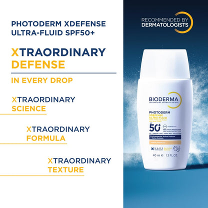 Bioderma Photoderm XDefense Ultra-Fluid SPF50+ bottle with promotional text on a blue and white background