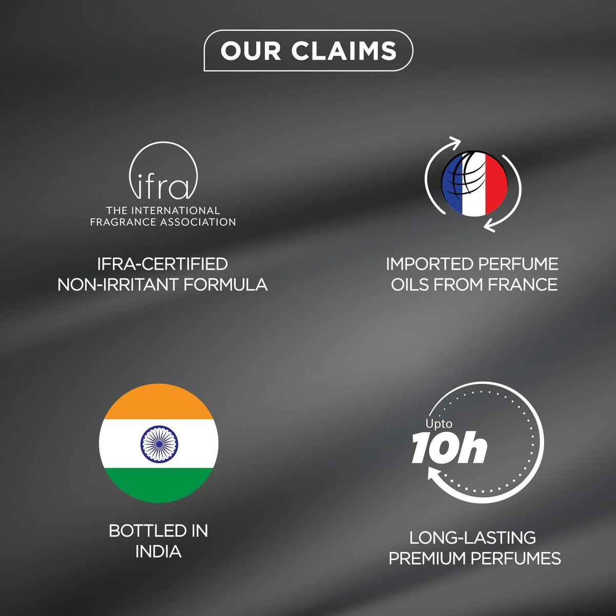 List of product claims with logos and text on a dark background