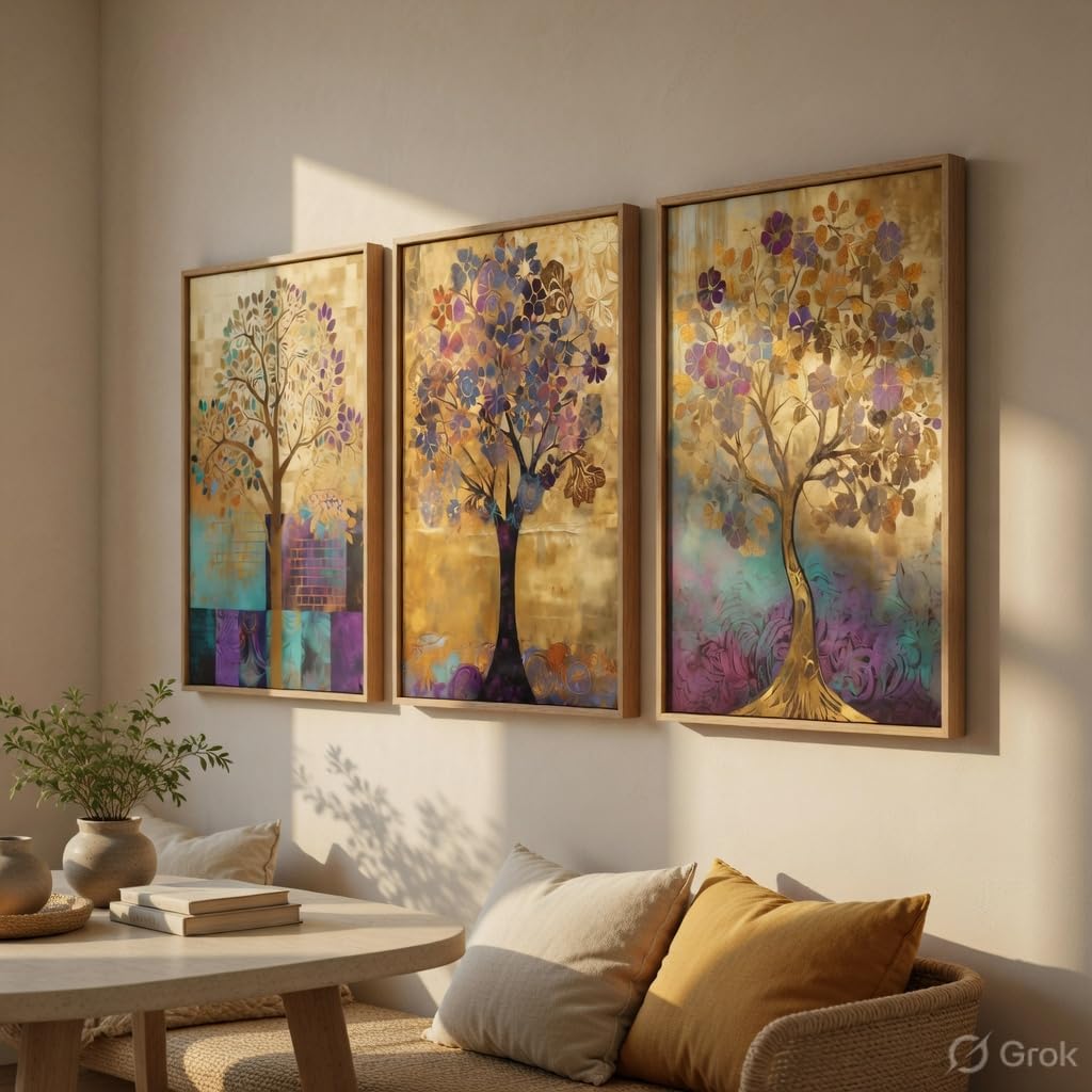 Abstract Tree Wall Painting Set of 3 with Wooden Frames | Modern Golden Tree Artwork HD Sparkle Laminated MDF Wall Decor | Elegant Nature Tree Wall Art for Living Room Bedroom