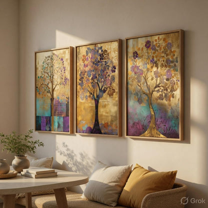 Abstract Tree Wall Painting Set of 3 with Wooden Frames | Modern Golden Tree Artwork HD Sparkle Laminated MDF Wall Decor | Elegant Nature Tree Wall Art for Living Room Bedroom
