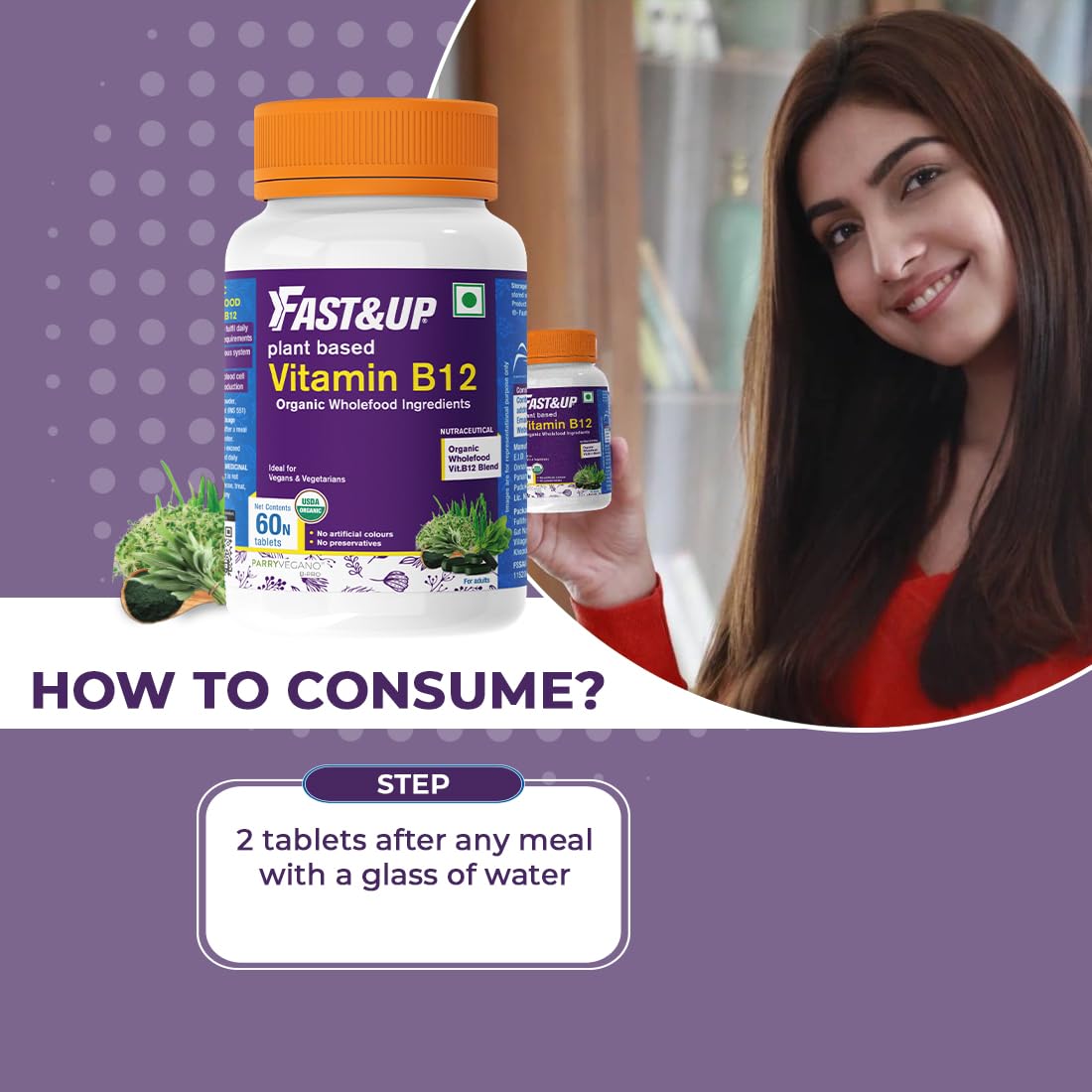 Fast&Up Vitamin B12 supplement bottle with a woman holding it, on a purple background.