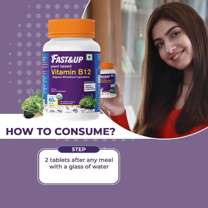 Fast&Up Vitamin B12 supplement bottle with a woman holding it, on a purple background.