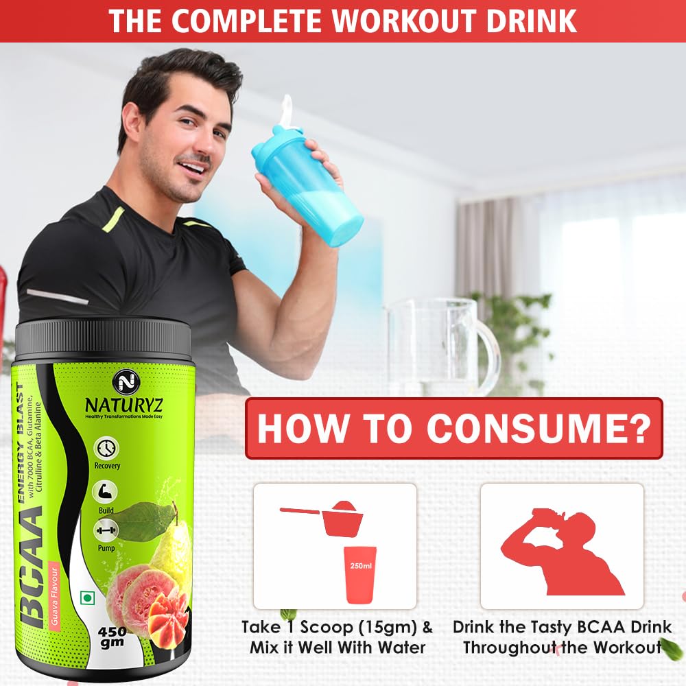 Man holding a bottle of Naturyz BCAA supplement with instructions on consumption.