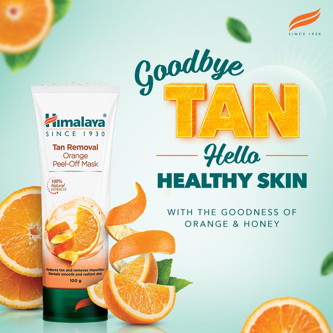 Himalaya Tan Removal Orange Peel-Off Mask with oranges and honey on a light blue background
