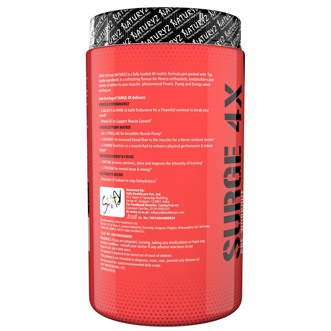Red supplement container labeled 'Surge 4X' with black text on a white background