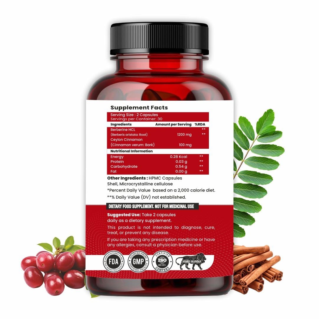 Supplement bottle with label, cranberries, cinnamon sticks, and green leaves on a white background