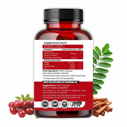 Supplement bottle with label, cranberries, cinnamon sticks, and green leaves on a white background