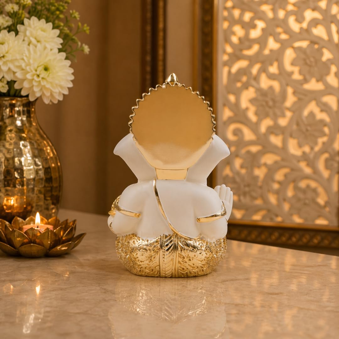 Gold Art India Ganesha Gold Plated Idol for Car Dashboard Ganesha Murti Ganpati Idol for Home Decor Puja Lord Ganesh Statue Gift for Office Desk Puja Room Figurine (Gold and Cream)