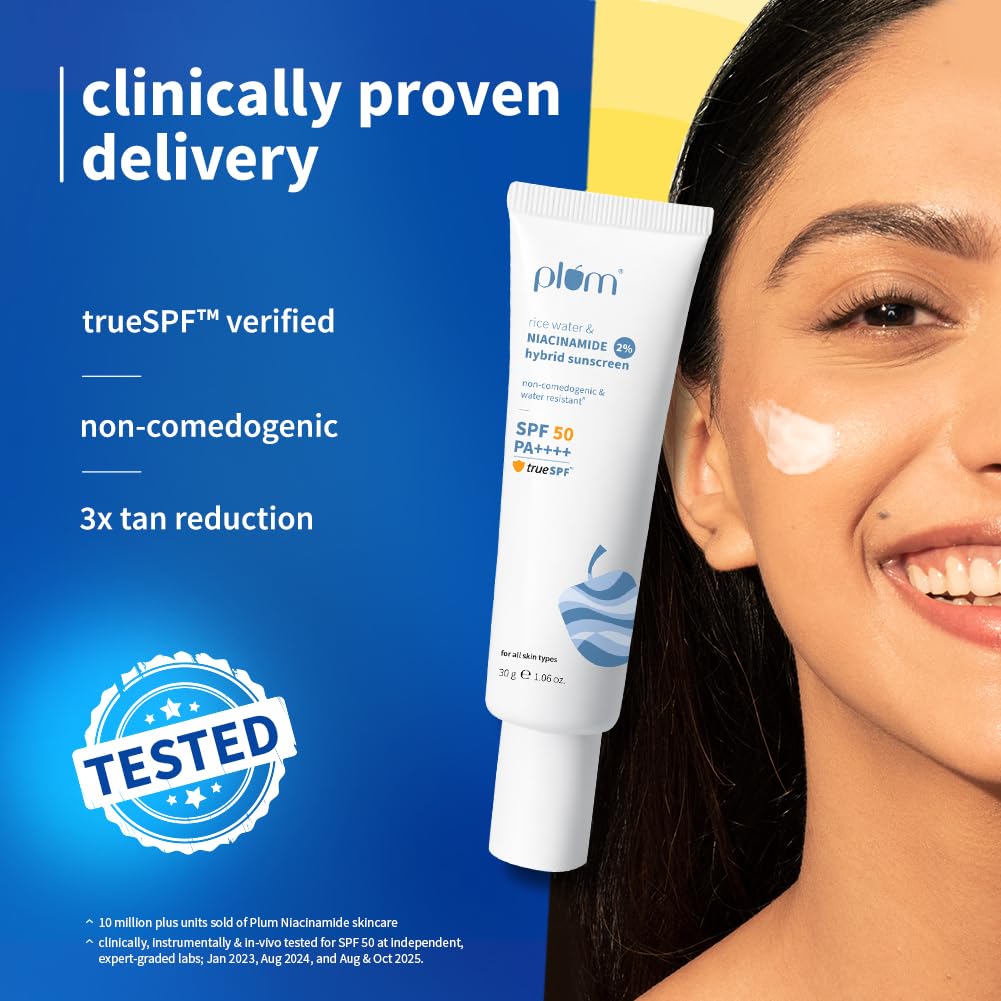 Plum 2% Niacinamide Sunscreen & Rice Water SPF 50 PA++++ Sunscreen In-vivo & in-vitro tested | non-comedogenic | 4-hr water resistant | 30g