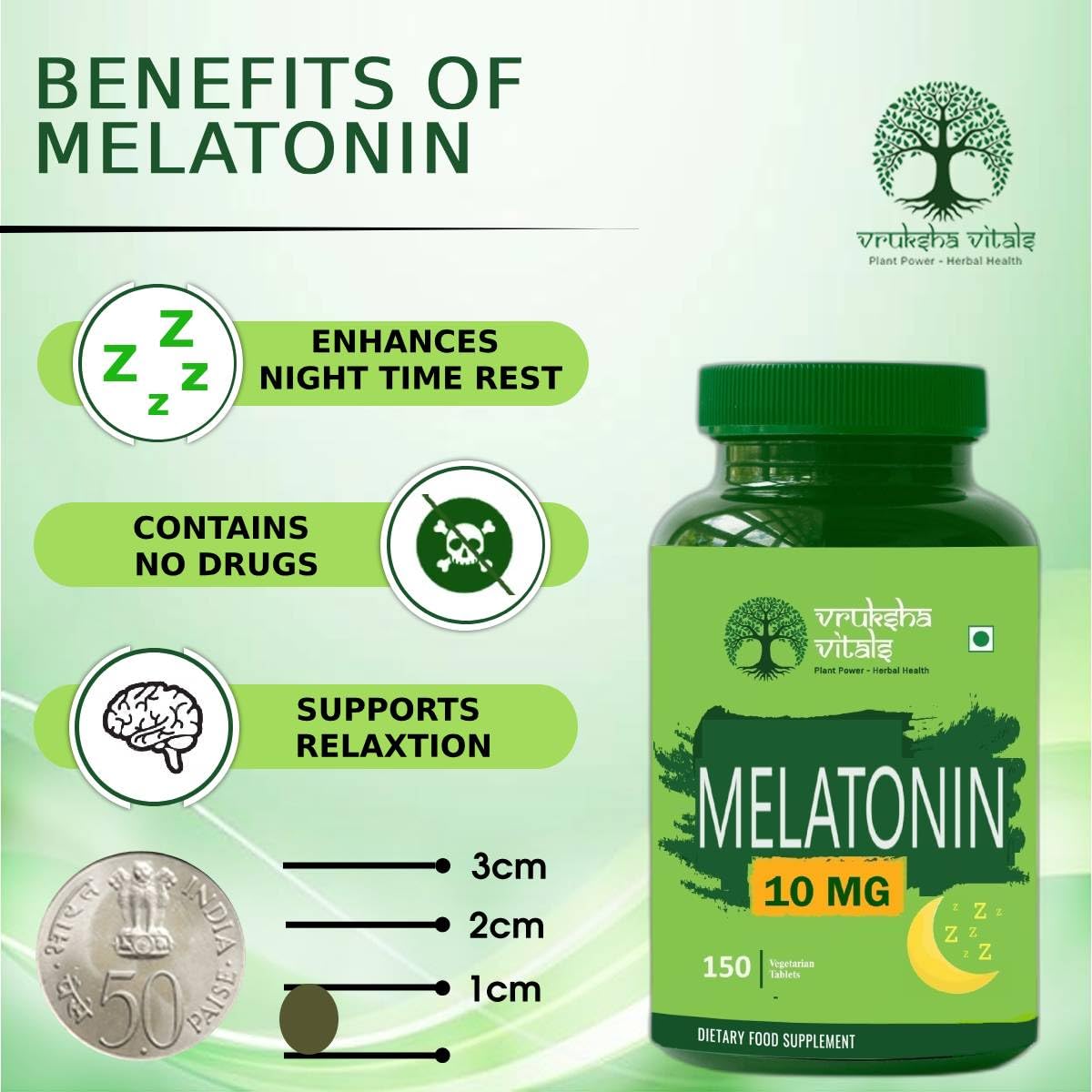 Melatonin supplement bottle with benefits listed on a green background