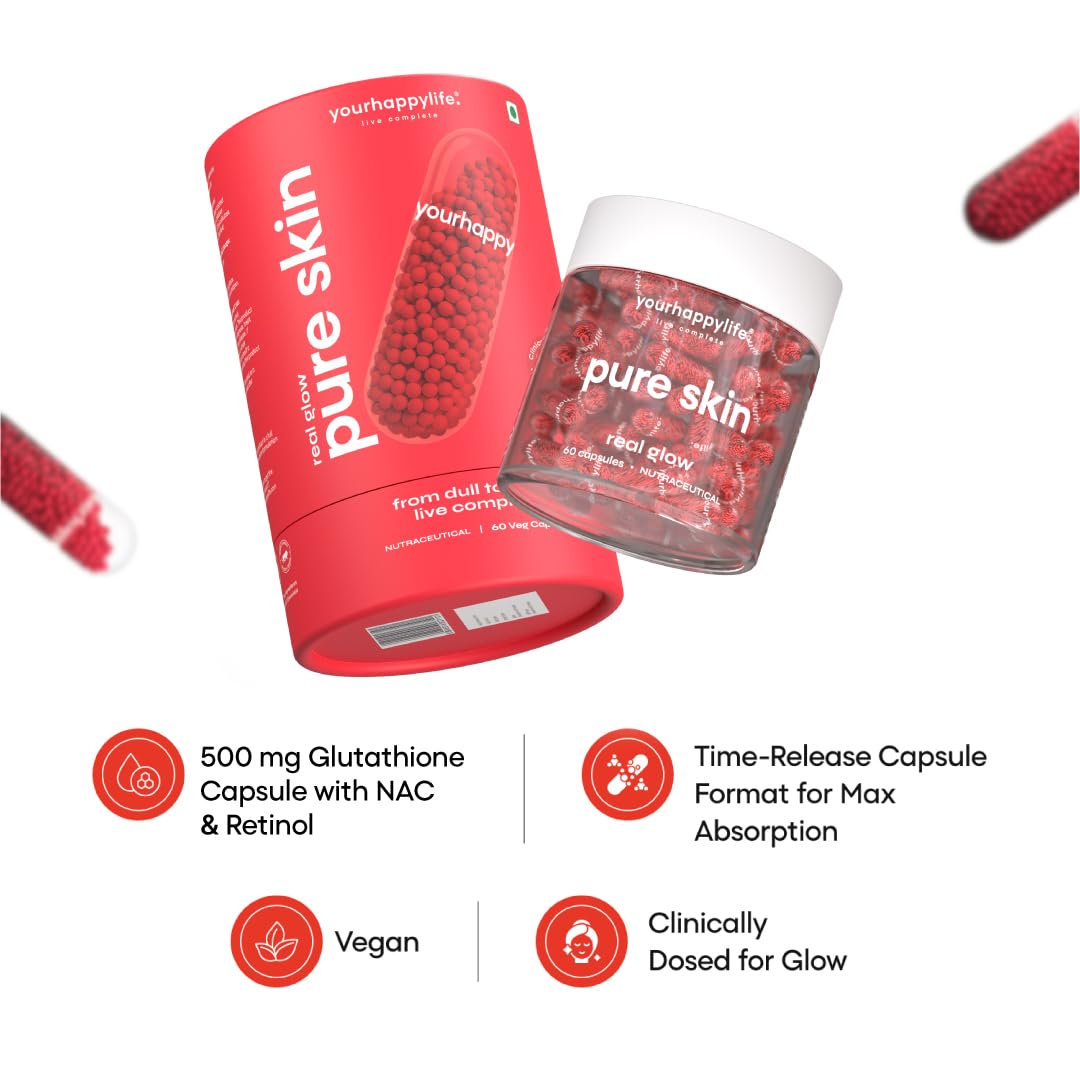 Red supplement container labeled 'pure skin' with text detailing product features on a white background.