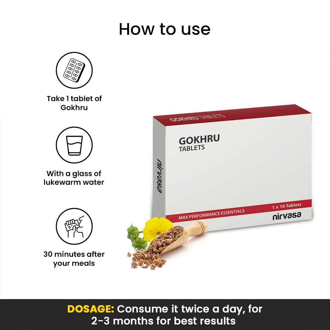 Nirvasa Gokhru Tablets for Men & Women (250mg, 10 Tab) | Natural Gokhru Extract (10:1) with Saponins & Tribulus Terrestris | Boosts Vitality, Rejuvenates Mind & Body, Enhances Vigour & Energy