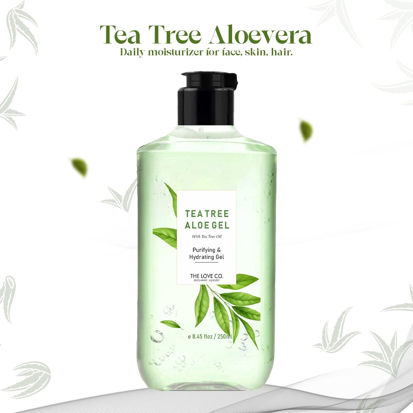 Tea Tree Aloe vera gel bottle with green leaves on a white background