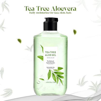 Tea Tree Aloe vera gel bottle with green leaves on a white background