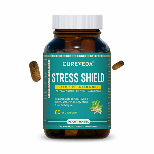 Cureveda Stress Shield supplement bottle with two capsules on a white background