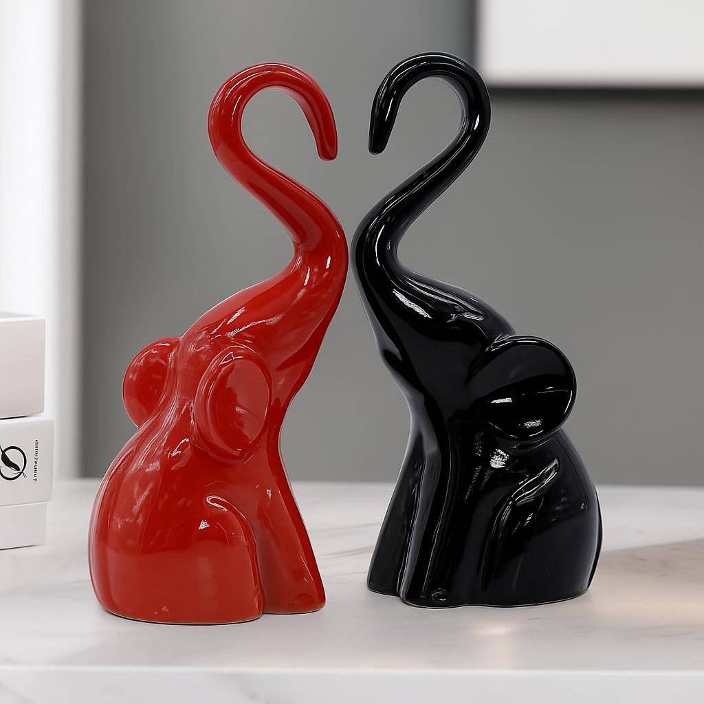 CraftVatika Home Décor Elephant Couple Showpiece Statue for Good Luck Fengshui, Decorative Items Figurine for Home Decoration Living Room Bedroom Housewarming Wedding Gift (Set of 2, Red & Black)
