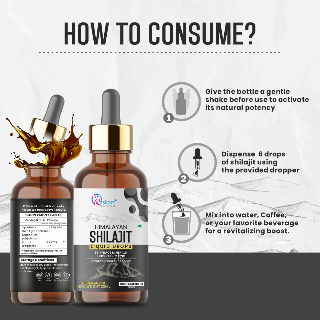 Himalayan Shilajit Liquid Drops with usage instructions on a white background