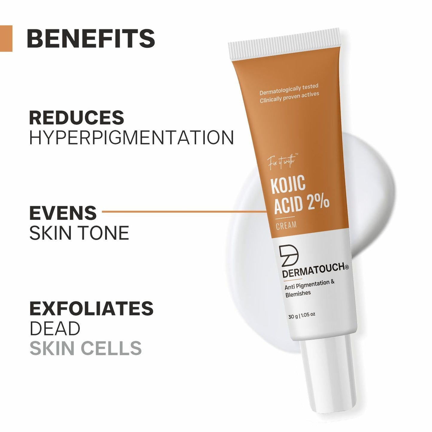DERMATOUCH Kojic Acid 2% Cream | Non-greasy | For Pigmentation, Blemishes and Dark Spots reduction - 30G