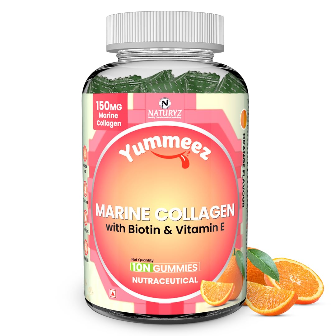 Yummeez Marine Collagen supplement bottle with oranges on a white background