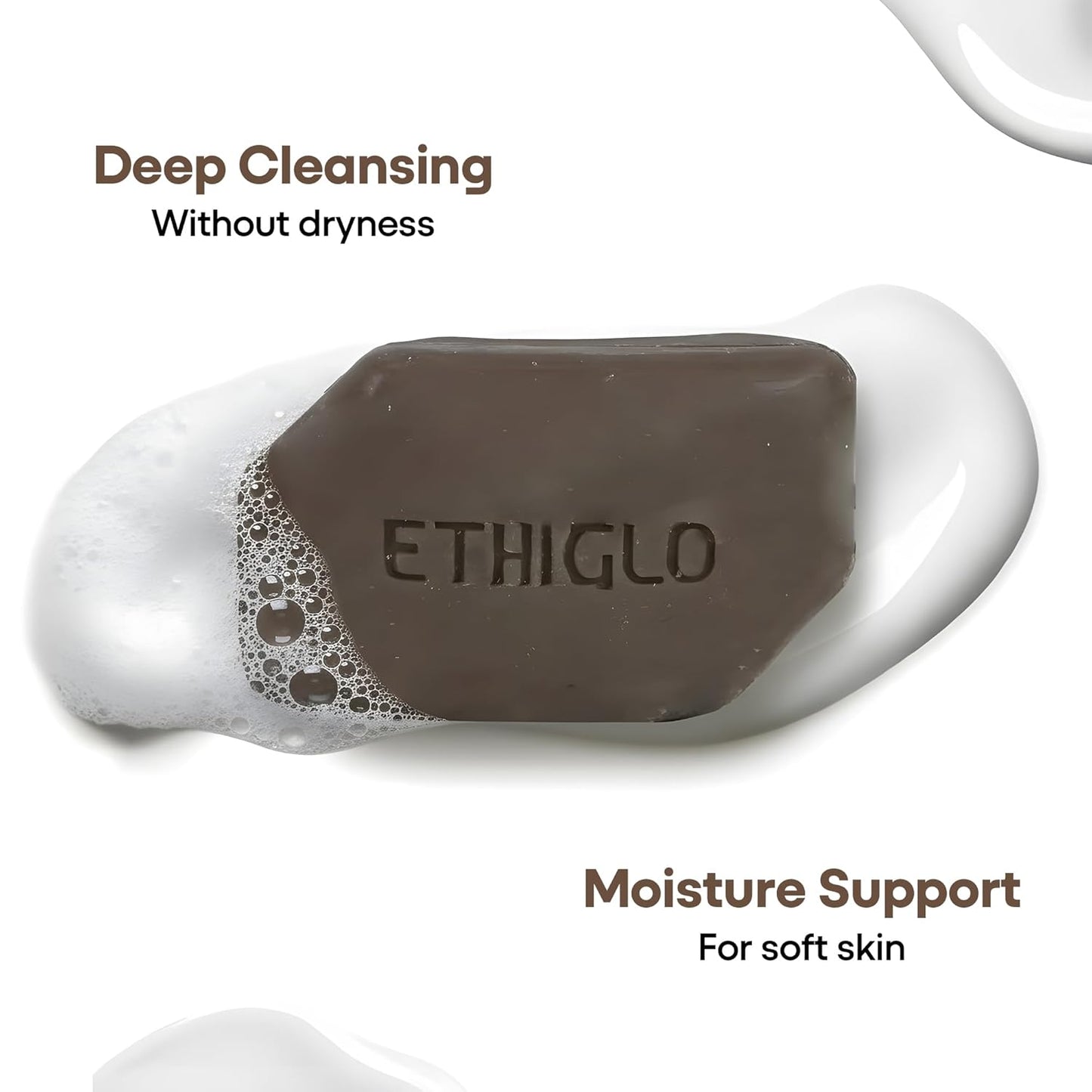 Bar of soap with 'ETHIGLO' branding on a white background, emphasizing deep cleansing and moisture support.