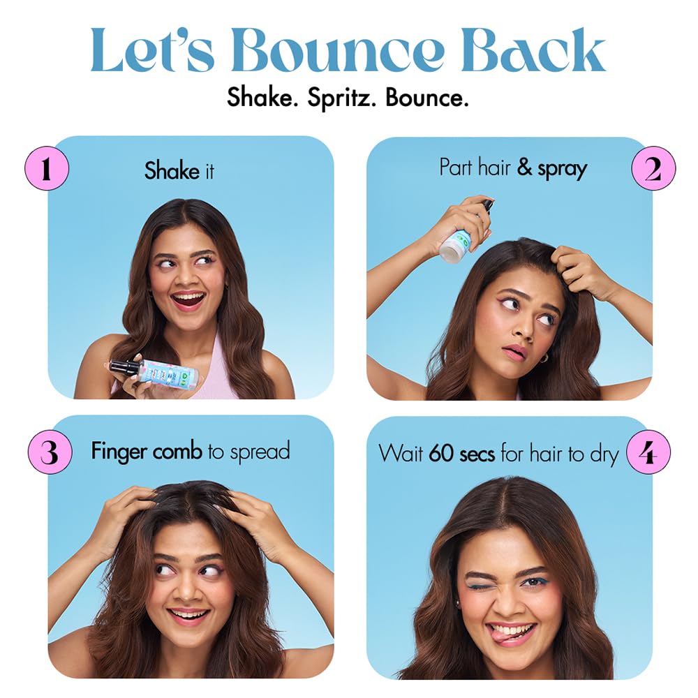 Step-by-step guide on how to use a hair product with a woman demonstrating each step.