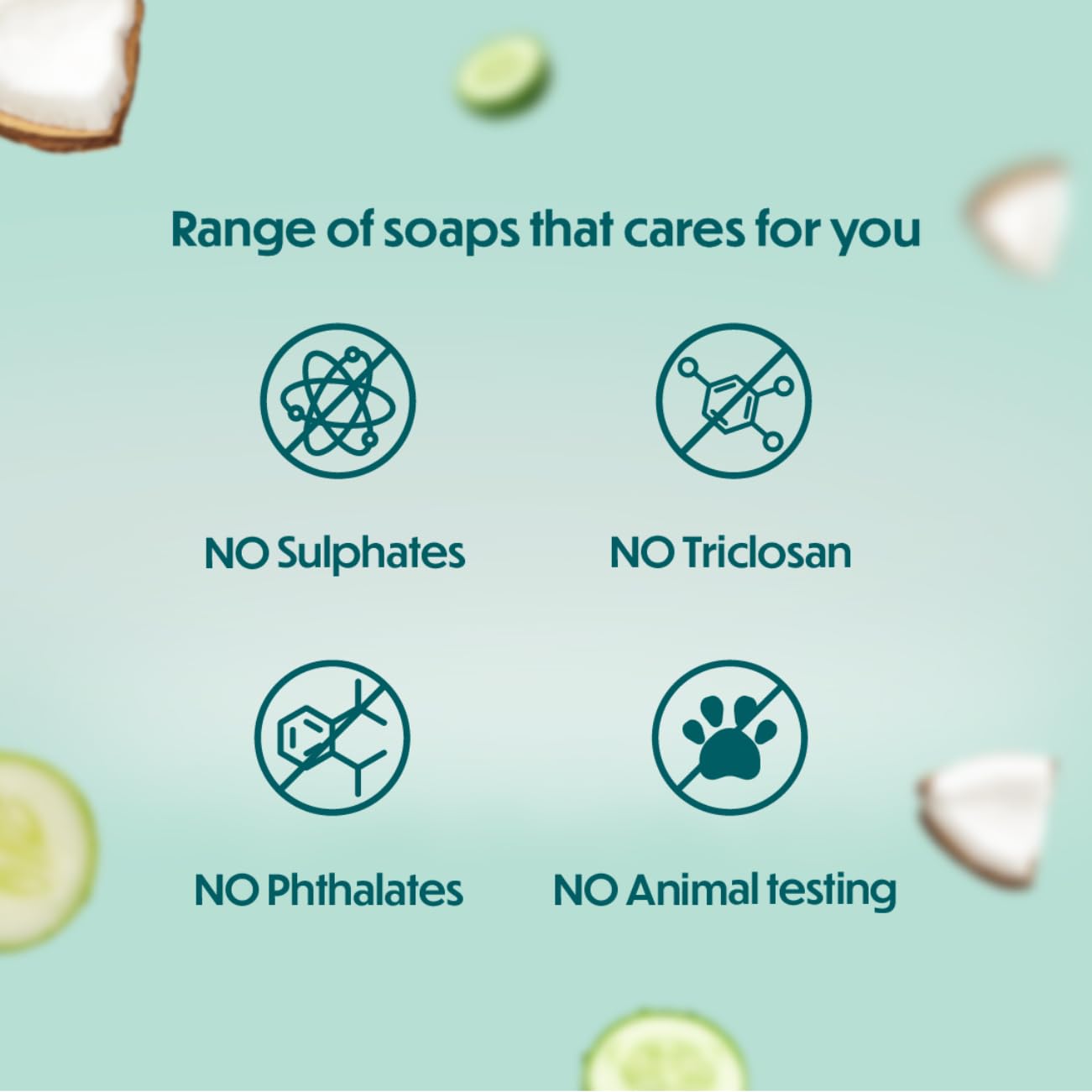 Promotional graphic of soaps with icons and text indicating no sulfates, triclosan, phthalates, or animal testing.