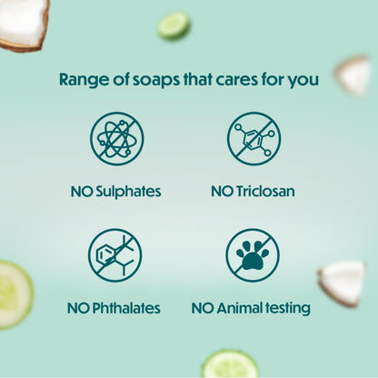 Promotional graphic of soaps with icons and text indicating no sulfates, triclosan, phthalates, or animal testing.