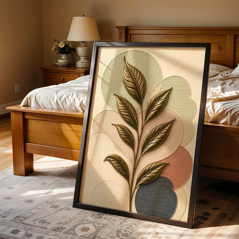 Botanical Leaf Wall Painting with Frame Set of 1 | Premium Textured Gold Leaf Artwork, Modern Abstract Nature Wall Decor for Living Room, Bedroom, Office and Home Decoration (Art-11,10x13inch)