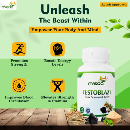 Nveda Testoblaze Supplement For Men, Testo Power for Muscle Growth, Strength, Energy & Performance with Shilajit, Ashwagandha, Safed Musli, Tribulus- 60 Veg Capsules