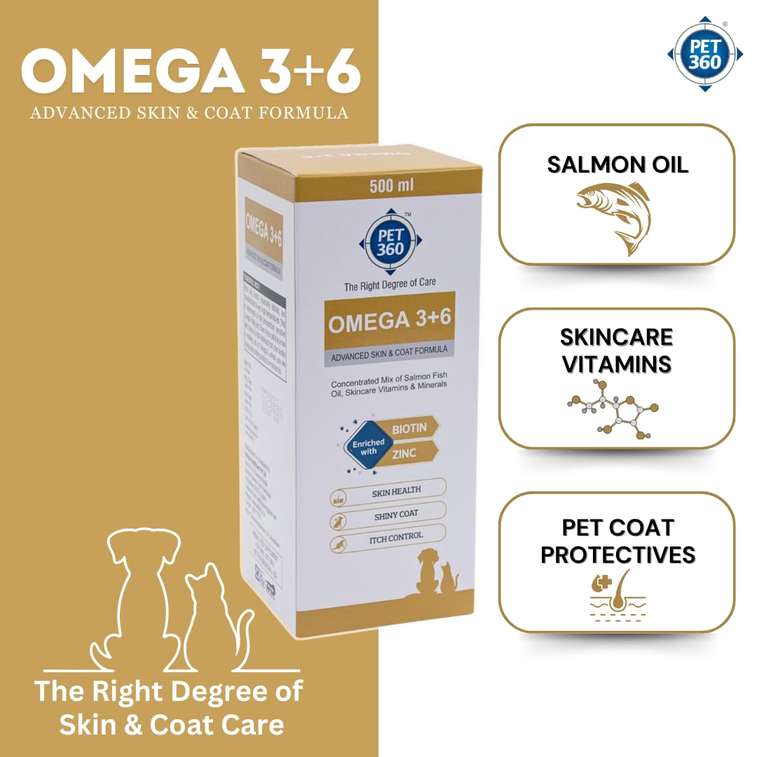 PET360 Omega 3+6 Concentrated Salmon Fish Oil for Dogs & Cats with Vitamins & Minerals | Shinier Coat, Itch & Allergy Control | Improves Skin & Hair Health | Nutritional Supplement for Pets - 500 ml