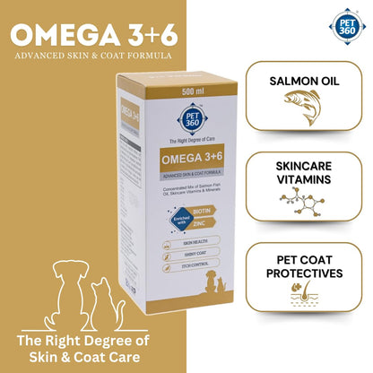 PET360 Omega 3+6 Concentrated Salmon Fish Oil for Dogs & Cats with Vitamins & Minerals | Shinier Coat, Itch & Allergy Control | Improves Skin & Hair Health | Nutritional Supplement for Pets - 500 ml