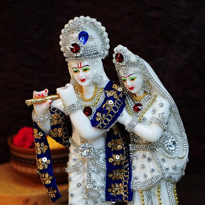 Aura Series Marble Dust Radha Krishna Murti (8 inch, Medium Size) | Gemstone Zircon Studded Radha Krishna Statue | Resin Radha Krishna Idol | Radhe Krishna ki Murti for Pooja, White, Religious