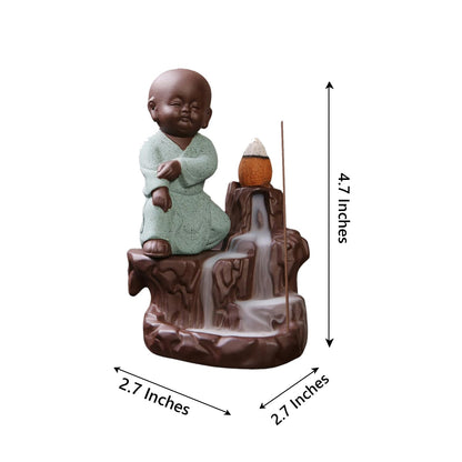 eCraftIndia Polyresin Karate Style Monk Buddha Smoke Backflow Cone Incense Holder (7.01 cm x 7.01 cm x 11.98 cm, Green)