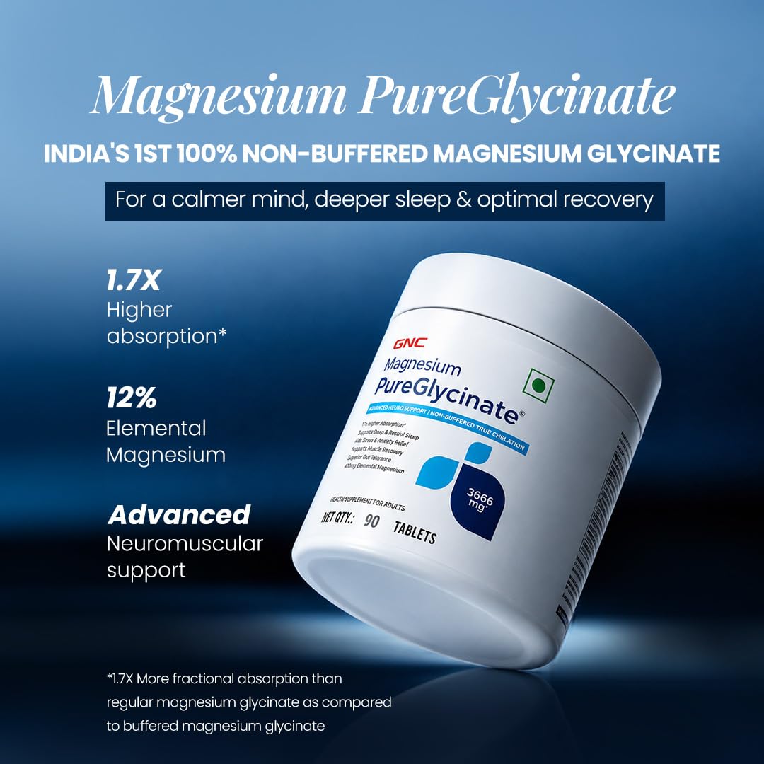 GNC Magnesium PureGlycinate 3666mg | 100% Pure Non-Buffered | 440mg Elemental Magnesium, 100% RDA | Up to 80% Absorption | Deep Sleep, Stress Recovery | 90 Tablets