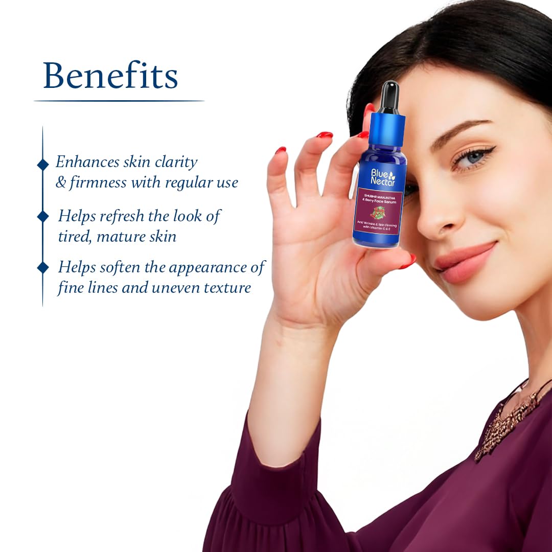 Blue Nectar Manjistha & Beauty Berry Face Serum | Anti-Wrinkles & Skin Firming with Vitamin C & E | Face Serum for Women & Men Glowing Skin (13 Herbs, 30 ml)