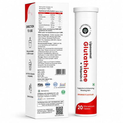 CUREFOREVER Glutathione Effervescent Tablets, 20 Tablets with Vitamin C, Liposomal Glutathione 500mg for Antioxidant Support, Skin Glow & Radiance Support, Detox Support