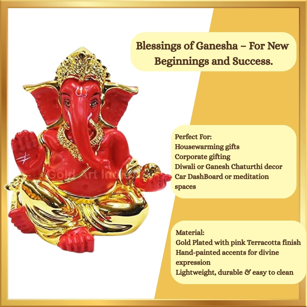 Gold Art India Gold Plated with Red Terracotta Gaddi Ganesha for Car Dashboard Home Decor Gifting Diwali Birthday Festivals (Gold Red)