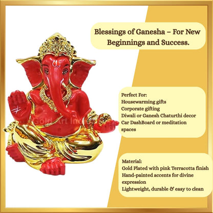 Gold Art India Gold Plated with Red Terracotta Gaddi Ganesha for Car Dashboard Home Decor Gifting Diwali Birthday Festivals (Gold Red)