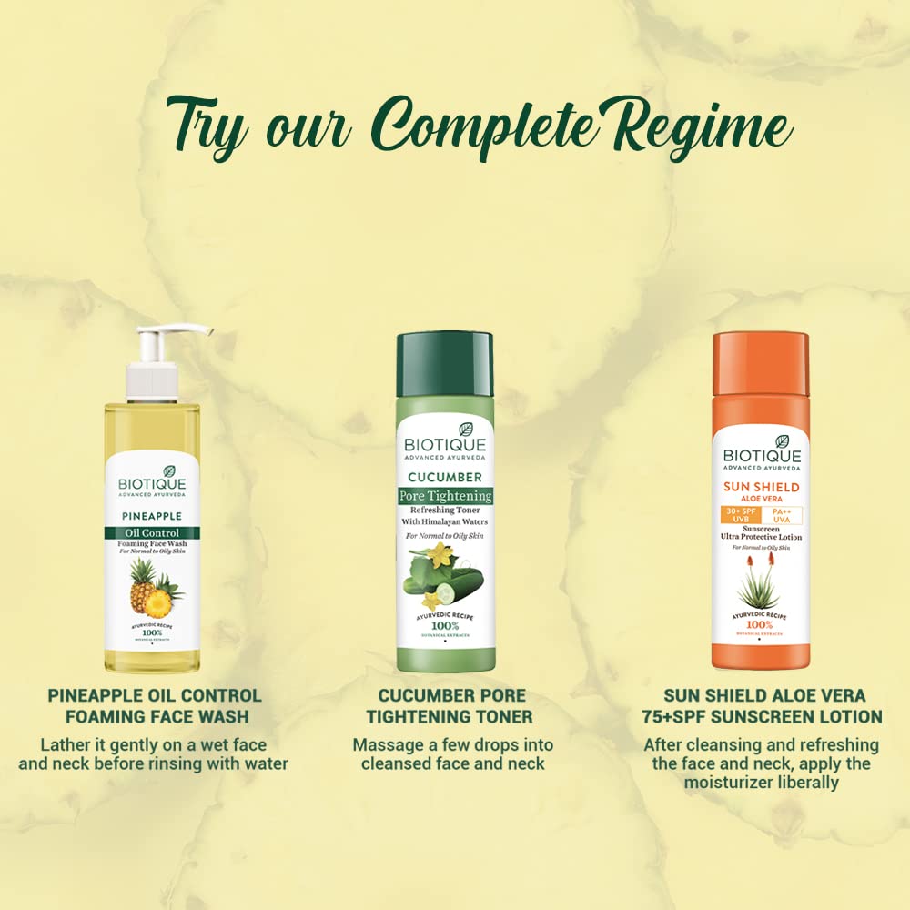 Biotique skincare products with product descriptions on a light yellow background
