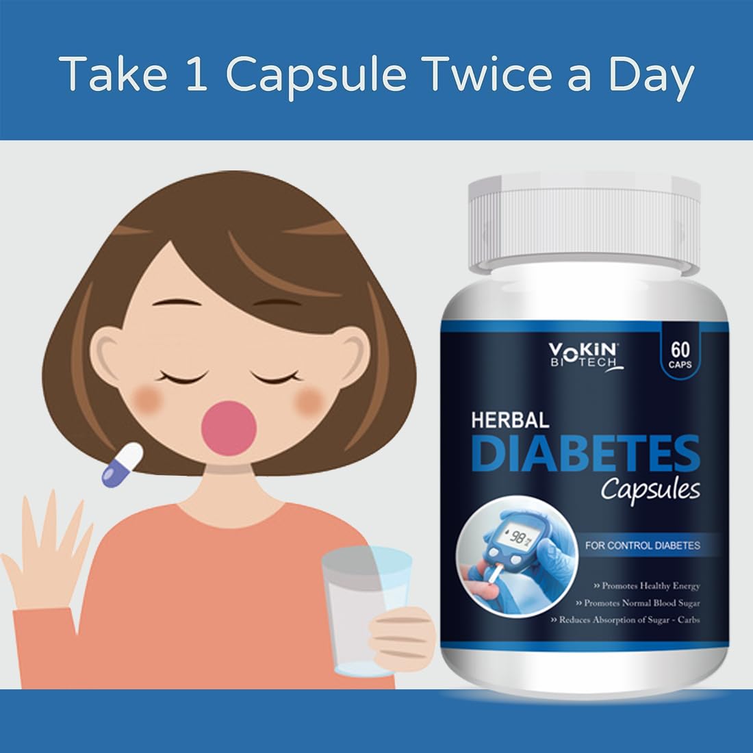 Bottle of Vokin Biotech Herbal Diabetes Capsules with an illustration of a person taking a pill.